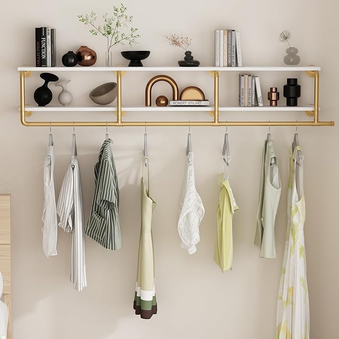 ORSENIGO Industrial Pipe Clothing Rack with Shelves, Gold Wall Mounted Clothes Rack for Home Retail
