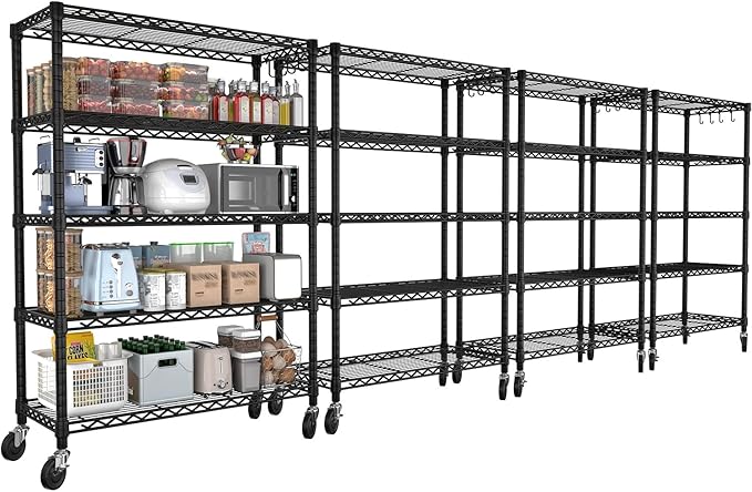 PrimeZone 74''H Wire Shelving 1250lbs 5 Tier Storage Shelves with Wheels NSF Certified Heavy Duty Steel Metal Shelf Adjustable Rolling Rack Kitchen Garage Closet Pantry Laundry 74''HX36''WX14''D 4PCS