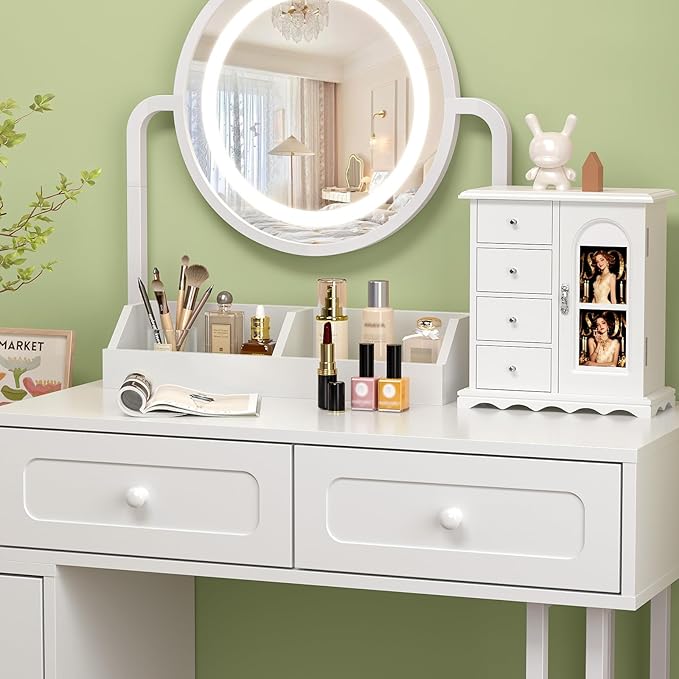 Bonnlo Small Jewelry Box Organizer with Photo Frame Door & Velvet Ring Holder, French Style Jewelry Storage Case with Rotating Necklace Hooks & Drawers, White,9.5" W*4.75" D*10.75" H