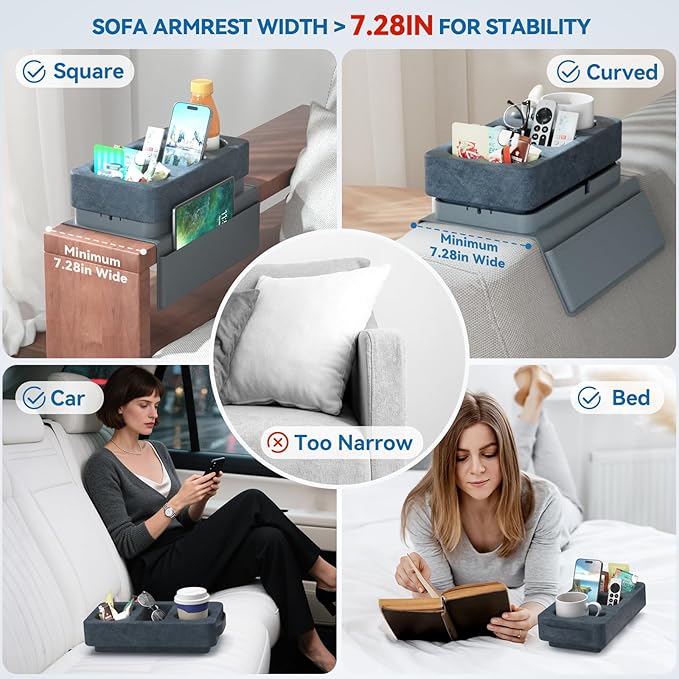 Couch Arm Tray Removable Armrest for Sofa Arm Tray Silicone Couch Cup Holder Tray Armchair Caddy Foam Couch Cup Holder Pillow Arm Chair Caddy for Recliner Sofa Drink Holder Spill Proof 3 Side Pockets