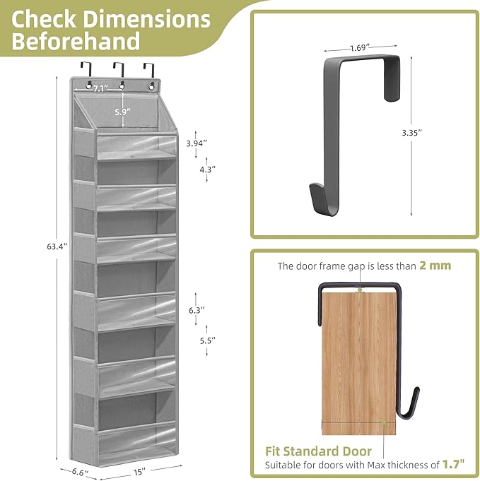 Over Door Organizer with 6 Extra Large Pockets 12 Side Pockets, 2-Pack Sturdy Closet Rack, Hanging Storage Organizer with Clear Window for Shoes, Diapers, Toys, Bedroom, Bathroom, Grey