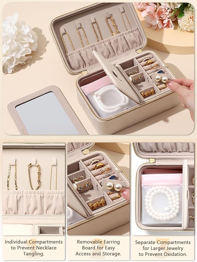 Velvet Travel Jewelry Box with Large Mirror, Double-Layer Jewelry Organizer Case for Women and Girls, Portable Storage Case with 6 Anti-Tarnish Bags Gift Ready for Her (Beige)