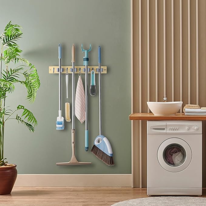 Mop and Broom Holder Wall Mount - Light Wood Broom Mop Hanger - Wall Mounted Garden Tool Rack Organizer for Closet Garage Laundry Room Kitchen With 4 Slots & 4 Hooks