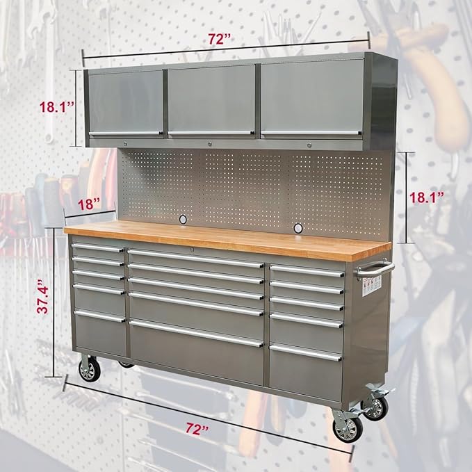 72-Inch Stainless Steel Rolling Tool Chest with 15 Drawers + 3 Upper Cabinets, Lockable Storage Cabinet, Mobile Workbench, Assembled Large Tool Box with Wheels for Garage Workshop (1 × HTC7218W1)