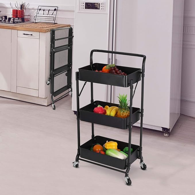 Foldable 3 Tier Metal Utility Rolling Cart, Folding Mobile Multi-Function Storage Trolley Organizer Cart for Home Library Office(Black)