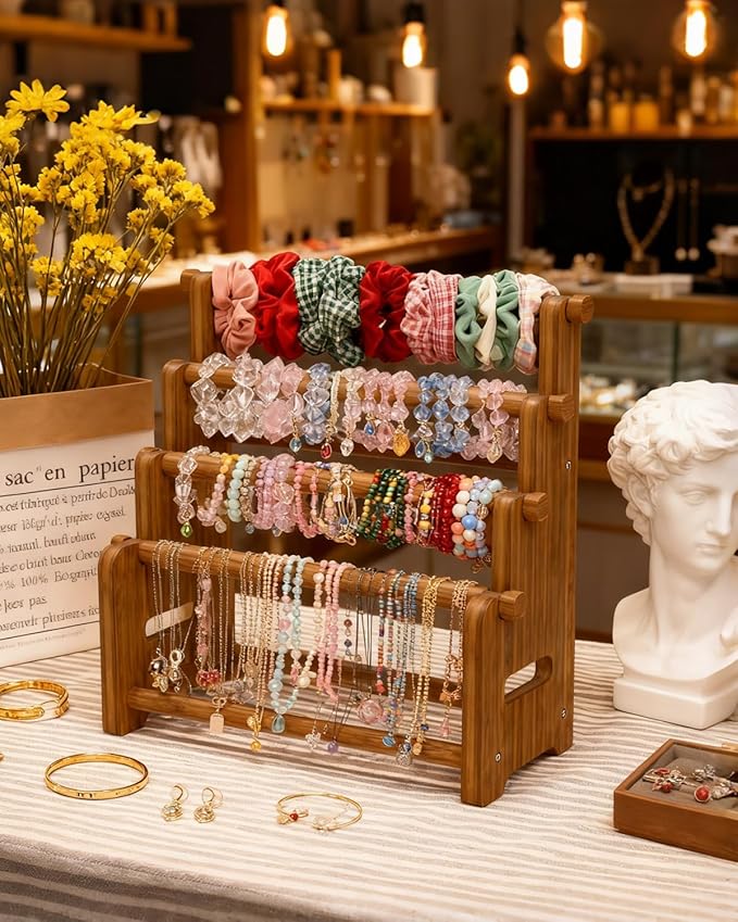 NEEKFOX Wooden Bracelet Holder, 4 Tier Jewelry Bracelet Display Stand, Bracelet Organizer Storage for Bracelets Bangles Scrunchies, Jewelry Organizer Display for Home, Vendors, Craft Shows and Store