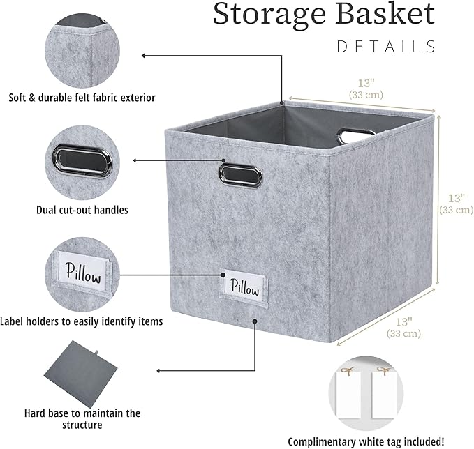DECOMOMO Felt Storage Bins, 13 inch Cube Storage Bins with Labels for Organization (Cube 13" / 6pcs, Light Grey)