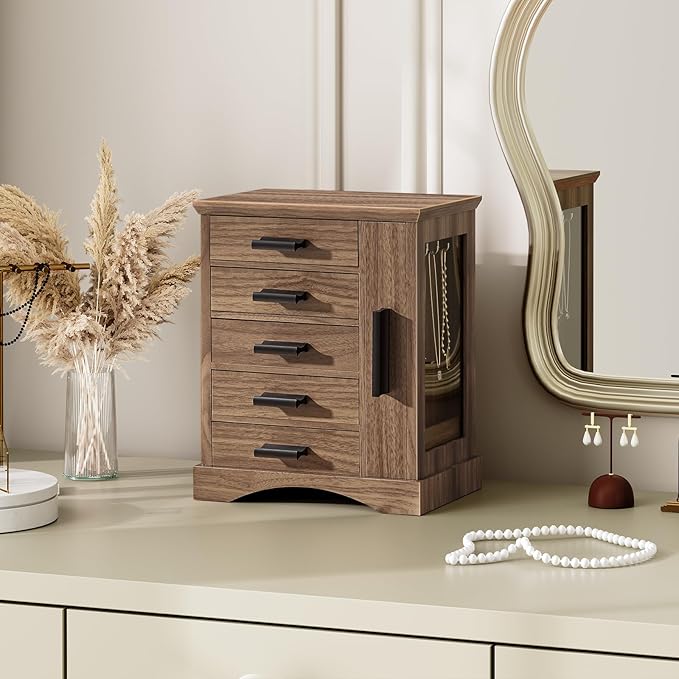 HOOBRO Jewelry Box for Women, Jewelry Organizer with Arc-Shaped Bottom, Wooden Jewelry Box, Side Transparent Window, Vertical Storage, for Earring, Necklace, Bracelet, Ring, Walnut and Black BH13JB04