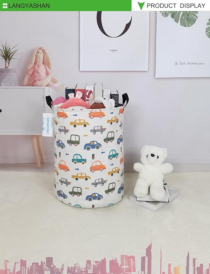 LANGYASHAN Laundry Basket Canvas Fabric Collapsible Organizer Basket for Storage Bin Toy Bins Gift Baskets Bedroom Clothes Children Nursery Hamper (Round Color Cars)