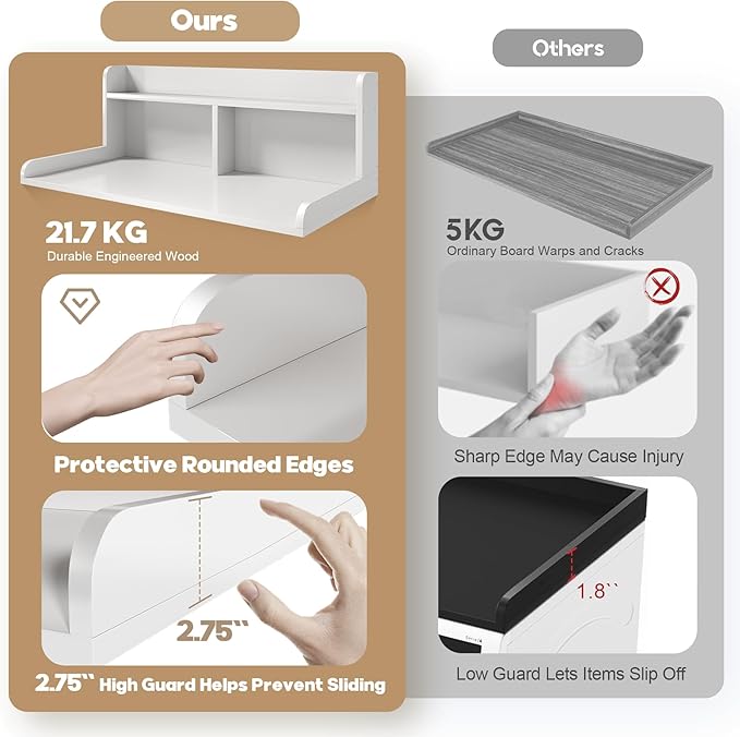 2-Tier Washer Dryer Countertop, 18.5" Raised Height Laundry Countertop with Edge Rails and Non-Slip Pad, 54"W x 27.55"D Washer and Dryer Topper for Laundry Room Storage Organization (White)