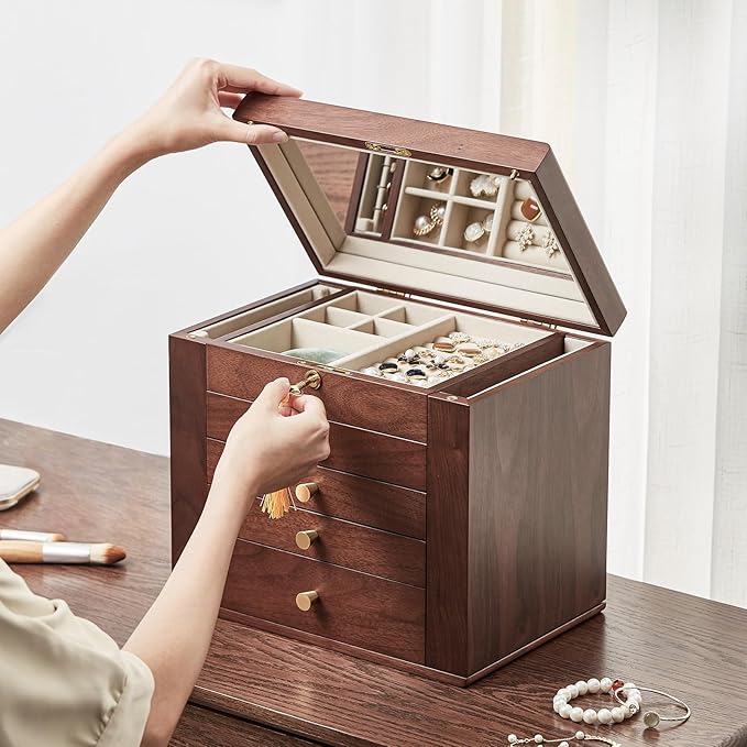 CHOSIN Black Walnut Wooden Jewelry Box for Women with Mirror, 5 Drawers and 2 Side Doors for Watches, Necklaces, Rings, Earrings Storage Christmas Gifts