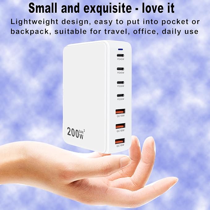 USB C Charger 200W USB C Charger Block, Upgraded GaN 7-Port Fast Charging Station Hub, Laptop Charger Adapter, Compatible with MacBookAir/Pro, DELL, iPhone16/15, iPad, Steam (White)