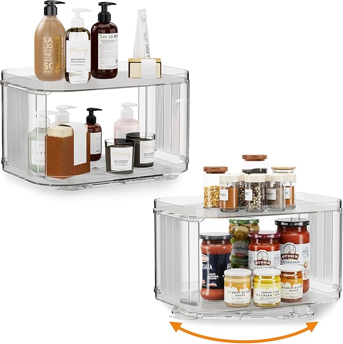FIRJOY Lazy Susan Organizer for Cabinet, Pantry, Countertop (2 Tier 14" x 10" Clear - 2 Pack, Rectangular)
