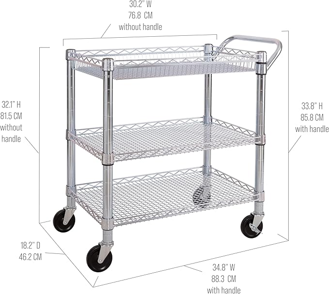 Seville Classics UltraDurable NSF Commercial Heavy Duty Metal Rolling Utility Cart, Handle Bar for Restaurant, Garage, Warehouse, Kitchen, Office, Deep Top Basket (34.8"W x 18.25"D)