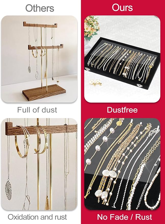 Jenseits Necklace Organizer Box, Tray with Clear Lid, Velvet Dustproof Necklaces Holder Storage Display Case, 20 Hooks Glass Top Jewelry Tray Drawer Insert for Pendant Bracelet