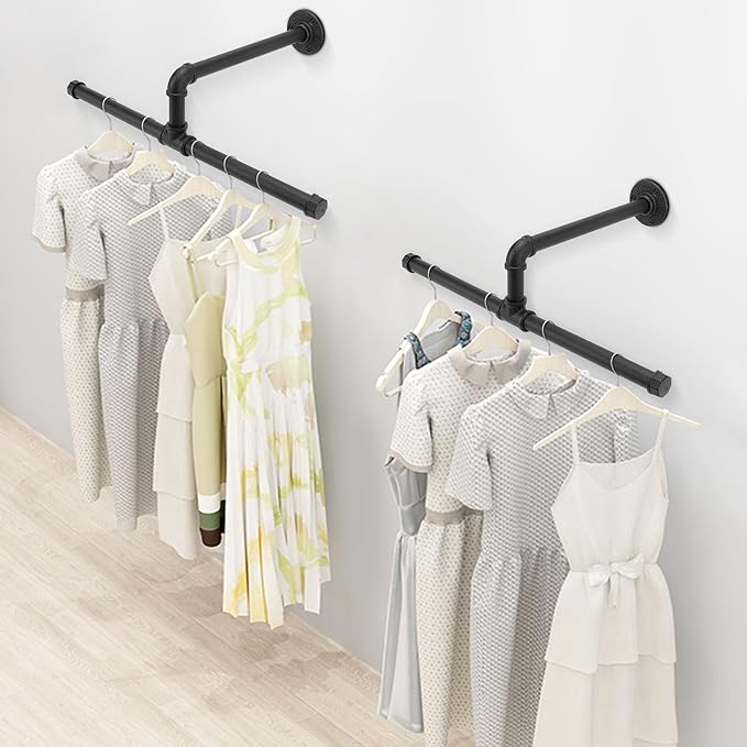 Industrial Pipe Clothes Rack Floating DIY Wall Mounted, Heavy Duty Rustic Vintage Clothing Rod, Metal Garment Bar Space-Saving Hanging for Bedroom, Bathroom and Laundry Room (Black 18 inch)