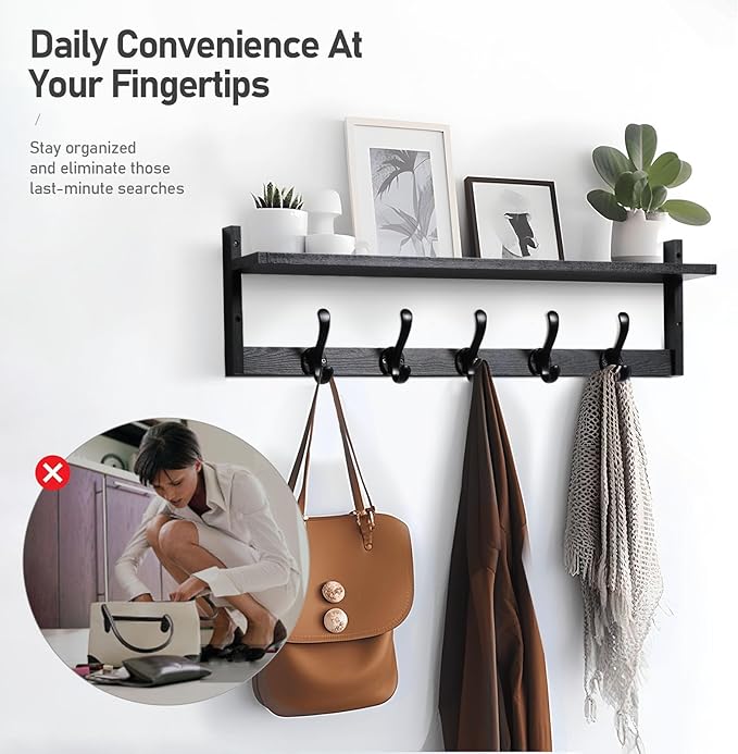 Tatub 29'' Coat Rack Wall Mount with Shelf, Wood Wall Hooks with Storage, Entryway Shelf with 5 Coat Hangers for Bathroom, Living Room, Bedroom, Black