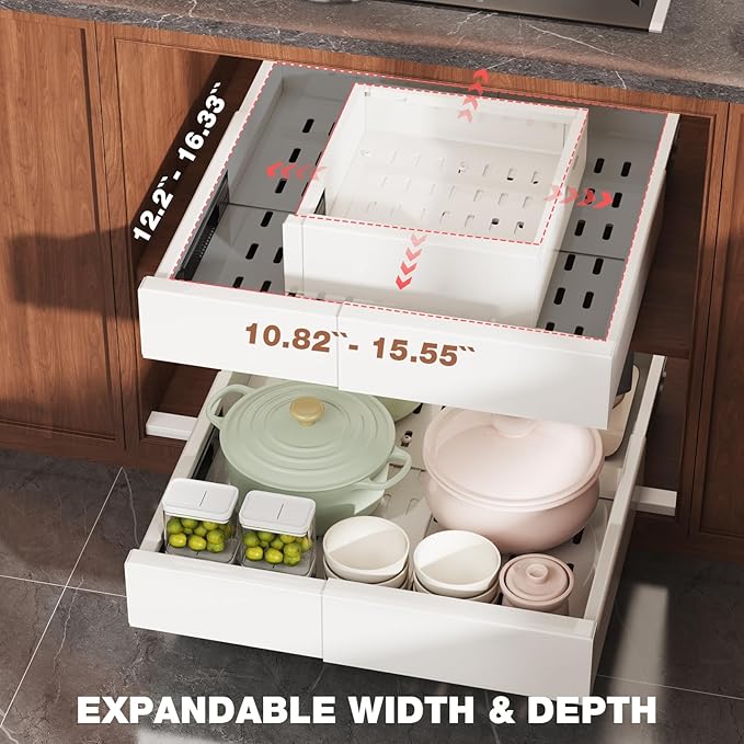 1 Pack Pull Out Cabinet Organizer Expandable Width(11"-16") and Depth(13"-17"),Slide Out Drawers With Raising Pad for Framed Cabinets,No Drill Roll Out Shelves for kitchen,Bathroom,White