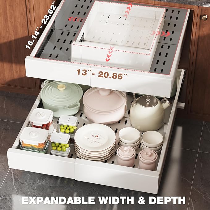 1 Pack Pull Out Cabinet Organizer Expandable Width(13"-21") and Depth(17"-24"), Slide Out Drawers With Raising Pad for Framed Cabinets, No Drill Roll Out Shelves for kitchen, Bathroom, White