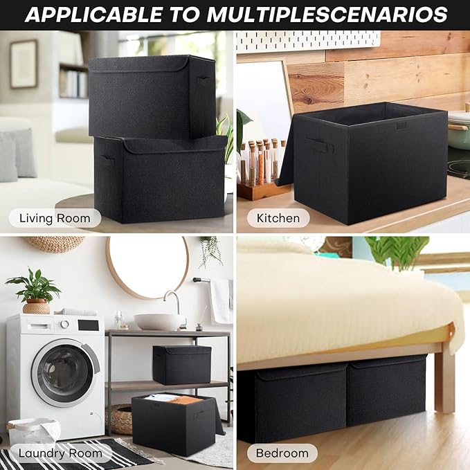 Large 17" 42 Quarts Collapsible Stackable Storage Bins with Lids [3-Pack] Foldable Fabric Linen Storage Boxes Cube, Closet Organizer Baskets with Label (16.7 x 12 x 12, Black)