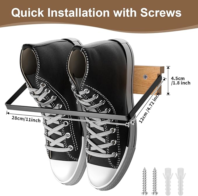 2-Pack Wall Mounted Shoe Rack, Wooden & Metal Foldable Shoe Rack - Space Saving Wall Shoe Holder for Entryway, RV, Camper, Closet, Apartment, Fits Various Shoes - Natural