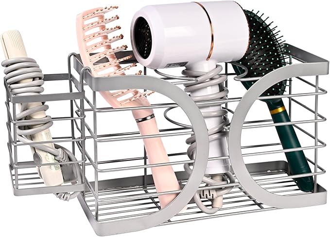 Elegant Light Gray Wall Mounted Hair Dryer Holder - Stylish Bathroom Organiser for Hair Dryer & Straightener, Hair Brush & Accessories
