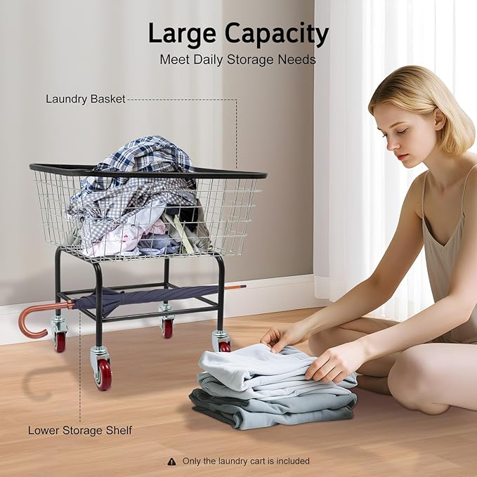 Steel Wire Laundry Cart, Wire Laundry Basket Cart with 4" Casters, Heavy Duty Commercial Rolling Laundry Basket for Clothes Storage, 26.77"D x 21.5"W x 26"H
