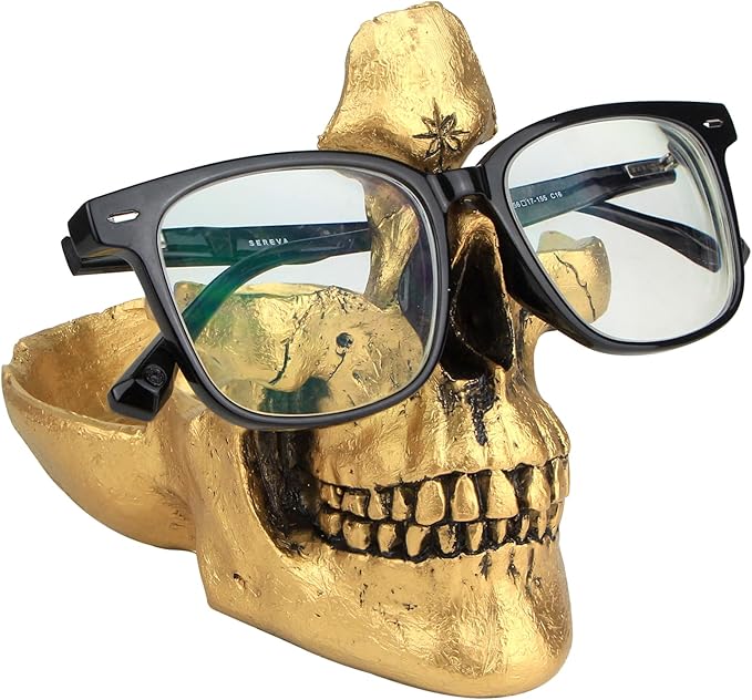 Mrlikale Skull Glasses Stand Holder, Creative Eyeglasses Holder, Sunglasses Spectacle Display Rack, Key Holder Resin Sculptures for Entryway, Home, Office, Desk, Nightstand (Gold)