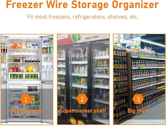 2PCS Freezer Organizer Bins, Steel Wire Freezer Basket with Handles Multifunctional Organizer Bin Stackable Metal Wire Baskets for Cabinet, Pantry, Closet (White)