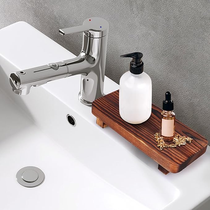 Small Brown Bathroom Decor Tray for Counter Dish Soap Holder Wooden Pedestal Stand for Kitchen Sink Soap Dispenser Wood Risers Kitchen Accessories Countertop Vanity Counter Decorative Tray