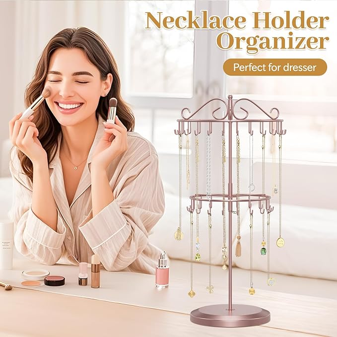 MODOWEY Rotating Necklace Holder Organizer Display Stand with 42 Hooks, 2 Tier Adjustable Metal Tree for Long Necklace Hanger, Tall Spinning Bracelet Storage Rack for Men Women, Rose gold