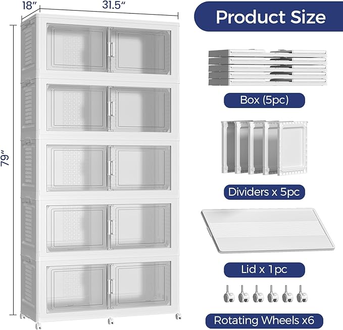 250Gal Stackable Storage Bins with Lid, 1000Qt Extra Large Collapsible Storage Box with Wheels, Dividers, Folding Plastic Cabinet Closet Organizers for Home Kitchen Office Dorm, 5Pack White