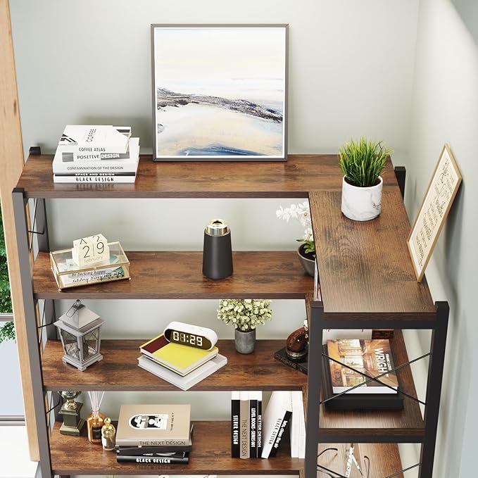 5-Shelf Corner Bookshelf, Vintage Industrial L-Shaped Bookshelf Etagere Bookcase, Large Book Shelf with Metal Frame Open Storage Corner Cabinet (Retro Brown-5 Shelf)