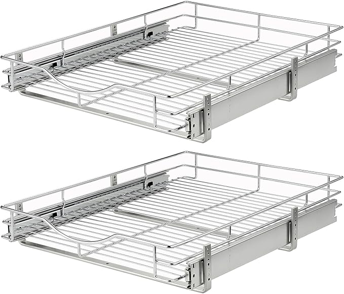 DINDON Pull Out Cabinet Organizer, (20" W x 21" D) Heavy-Duty Metal Sliding Drawer Shelf, Bathroom Under Sink Kitchen Cabinets Organizer and Storage Slide Out Shelves, Chrome, 1 Tier, 2 Pack