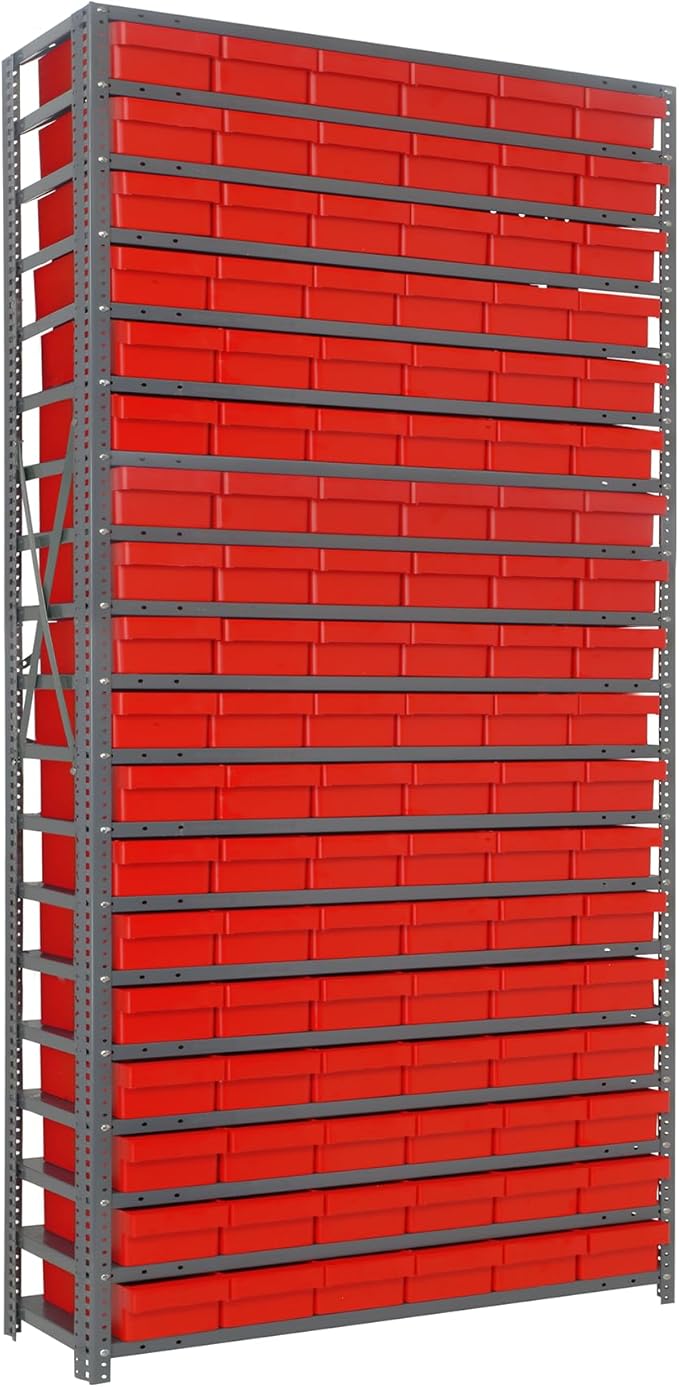 Quantum Storage Systems 1275-401RD Solid Heavy Duty 19 Shelves 108 Super Tuff Euro Red Bins 75" H x 36" W x 12" D
