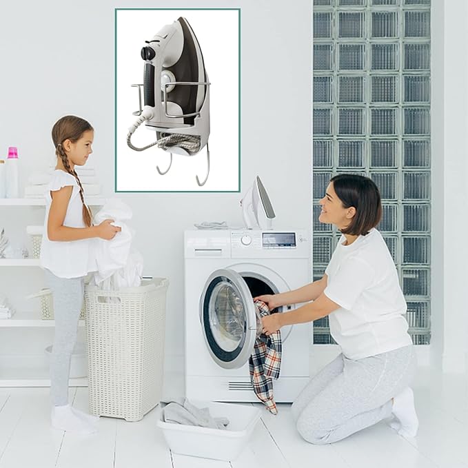 Wall Mount Iron Board Hanger and Ironing Board Storage Organizer Shelf With Removable Hooks for Household Bathroom Laundry Room (White)