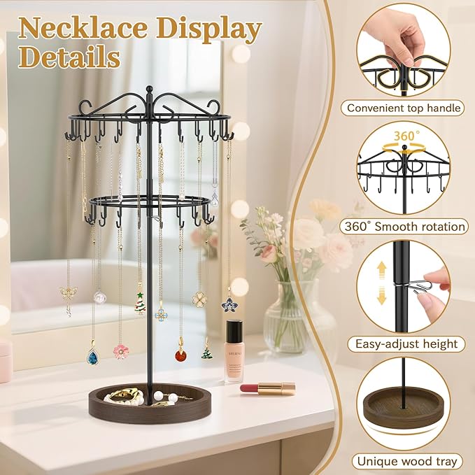 MODOWEY Rotating Necklace Holder Stand Organizer, 2 Tier Adjustable Extra Tall Metal Display Tree with Wooden Tray, 42 Hooks Pendant Hanger for Women Men, Stylish and Secure Jewelry Rack, Black