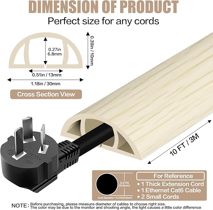 Floor Cord Cover Self Adhesive Cord Hider,10FT Cable Management, Extension Strip Protector for Wires, Prevent Cable Trips for Offices, Gyms, Exhibitions Cavity:0.39"(W) x 0.27"(H) Yellow Wood