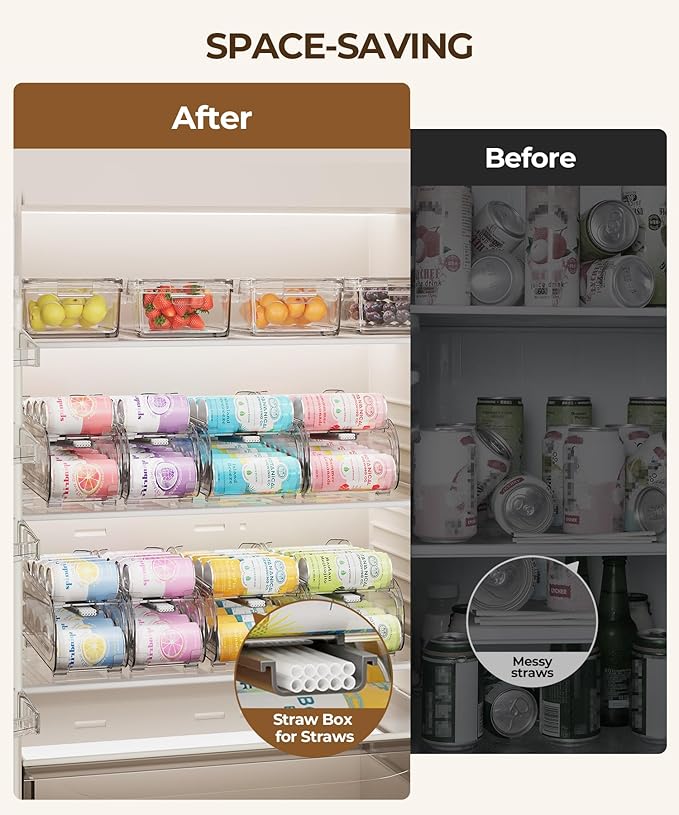 Drink Organizer for Fridge, Soda Can Organizer Dispenser for Refrigerator with Automatic Rolling,Organize Standard Size 11.15oz or 12oz Cans Drink,Save space for Fridge、Kitchen、countertop （4 pack）