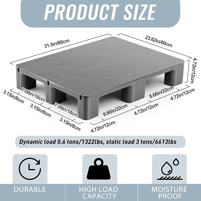 1 Pcs Plastic Pallet for Basement Storage Easy Stack Lightweight Floor Pallet Display Flooring Room Supermarket Christmas, Support up to 2000 Lbs (31.5'' L X 24'' W X 4.7'' H,Grey)