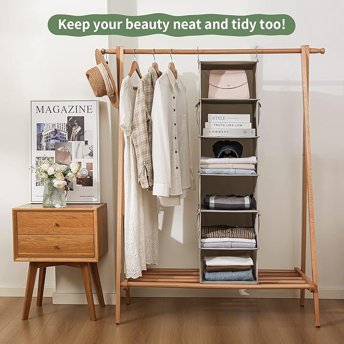 6-Shelf Hanging Closet Organizer with 3 Drawers, 6-Shelf Inseparable Closet Organizers and Storage for Wardrobe Organization, Hanging Dresser for Nursury & Dorm Clothes Organizer, Silver Gray
