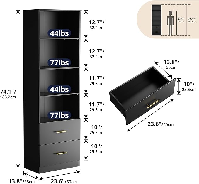 Cozy Castle 74.1'' Bookshelf,Tall Bookcase with Drawers, 4-Tier Open Bookshelf with Adjustable Storage Shelves,23.6 Inches Wide Floor Standing Bookcase for Home Office,Bedroom,Living Room,Black