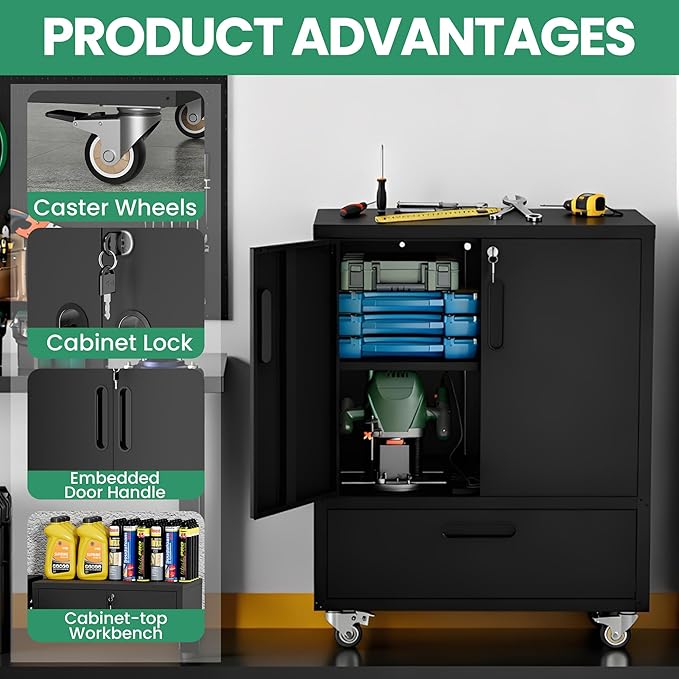 Metal Garage Storage Cabinet with Wheels,Black Lockable Rolling Tool Cabinet with Drawer and Adjustable Shelves,Heavy Duty Tools Cabinet for Home Office Utility Room