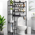 8-Tier Over The Toilet Storage with Side Rack, Over Toilet Storage Rack with Adjustable Shelf & Drain Basket, Freestanding Bathroom Organizer for Balcony, Laundry (Pure Black)