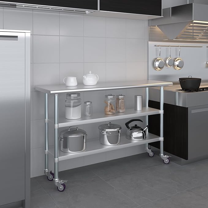 AmGood Stainless Steel Work Table with 2 Shelves and Casters | Metal Utility Table On Wheels (Stainless Steel Work Table with 2 Shelves + Casters, 60" Long x 18" Deep)