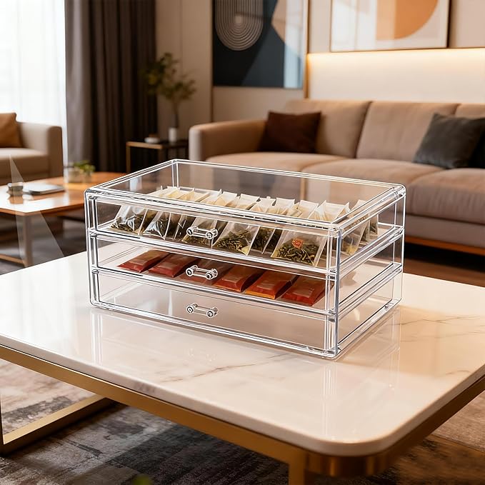 Acrylic Drawers Stackable, 9.3 X 5.3 X 4 Inch Stackable Makeup Organizer Acrylic 3 Drawer Storage Organizers Clear Stationery Organizer for Dresser, Bathroom, Vanity, Countertop