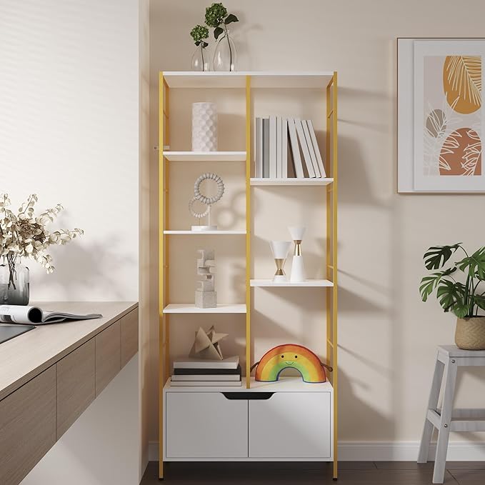 Bookshelf with Doors, 6-Tier Shelf with Storage Cabinet, 67" Tall Open Bookcase for Display, Industrial Retro Bookcase, Freestanding Storage Organizer Bookshelf for Living Room, White