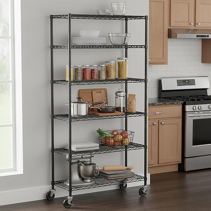 6-Tier Metal Storage Rack with Wheels, Sturdy Adjustable Wire Shelving Unit Rolling Shelf for Garage, Kitchen, Pantry, 36" W x 14" D x 75" H, Black