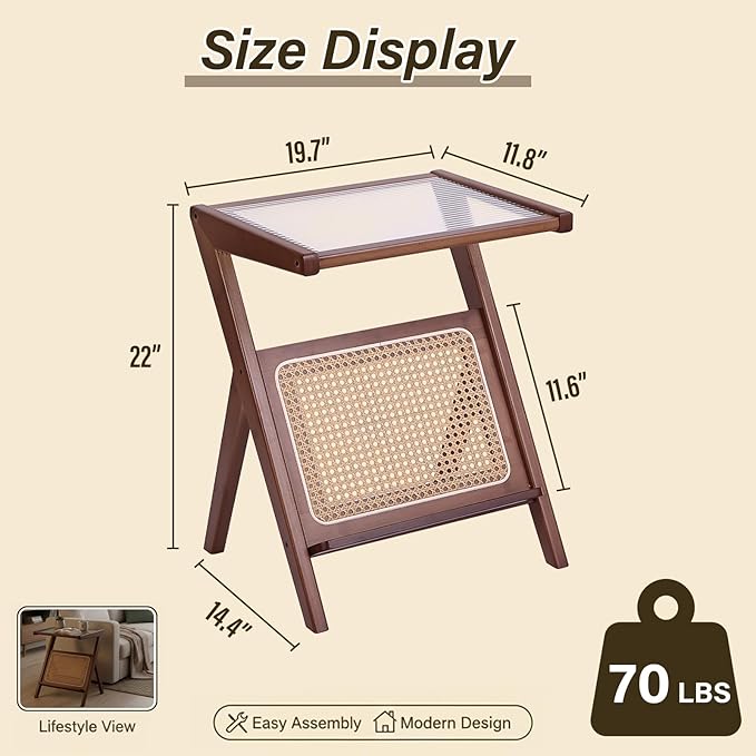 Tiita Rattan Side Table, Mid Century Nightstand, Bamboo Accent Bedside Tables, Glass Coffee Tables, Boho Wooden End Table with Storage for Small Space, Living Room and Bedroom