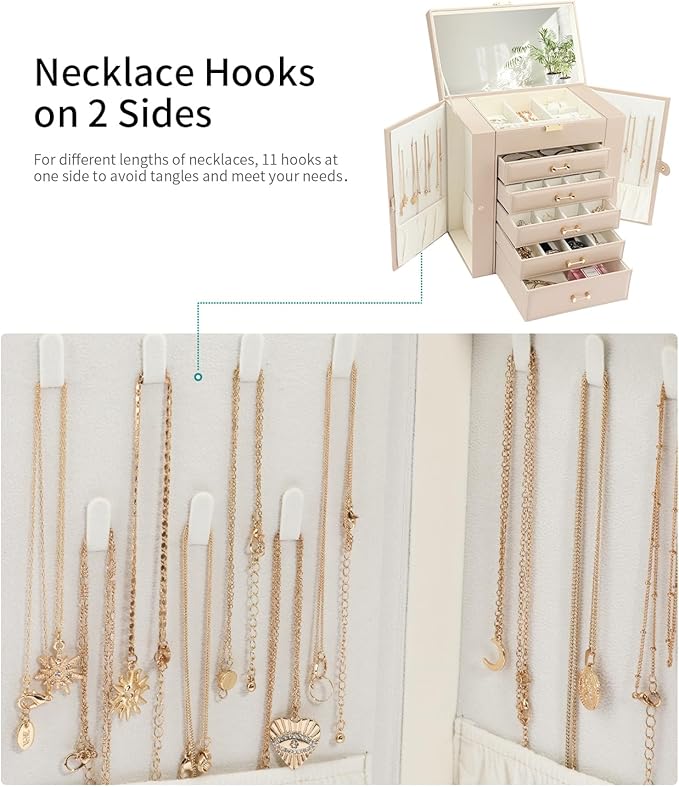 Large Jewelry Holder Organizer, 6 Layer Jewelry Box for Women Jewelry Storage Case With Handle, Gift for Christmas New Year, Apricot